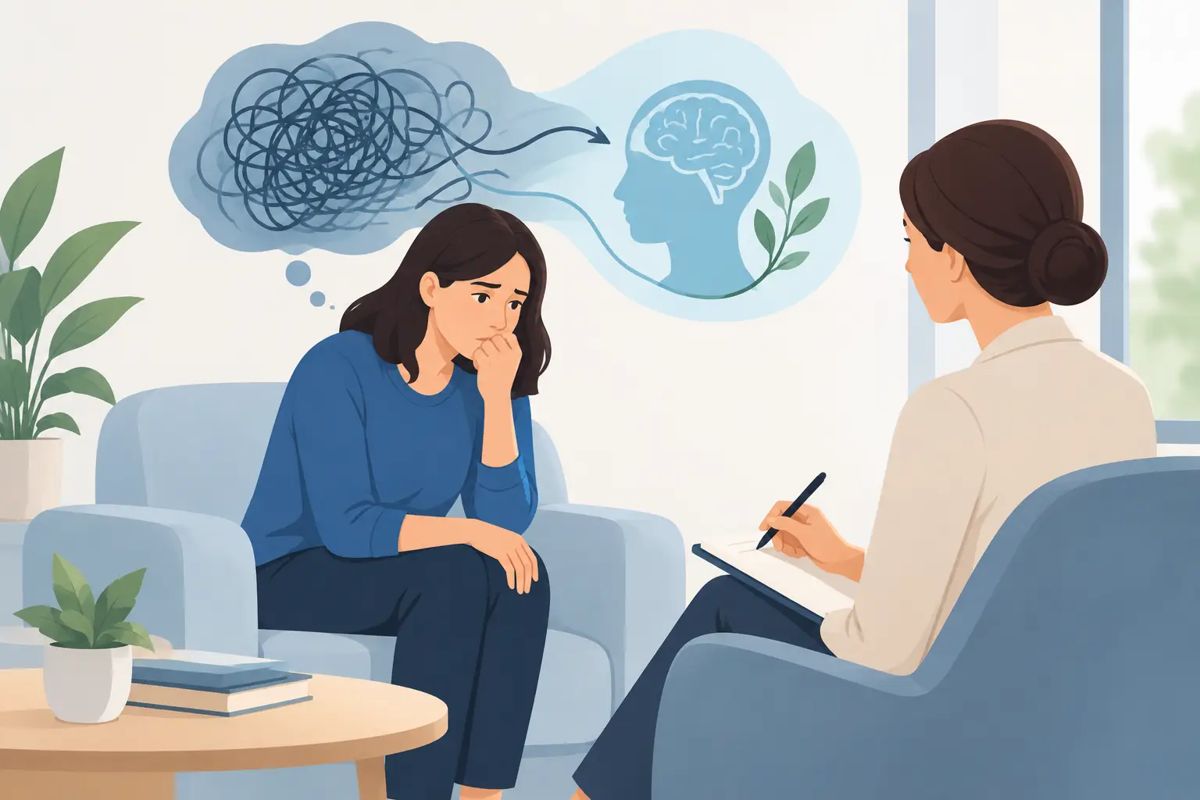 Illustration: ein Gedankenknäuel wird im Gespräch zu Klarheit
