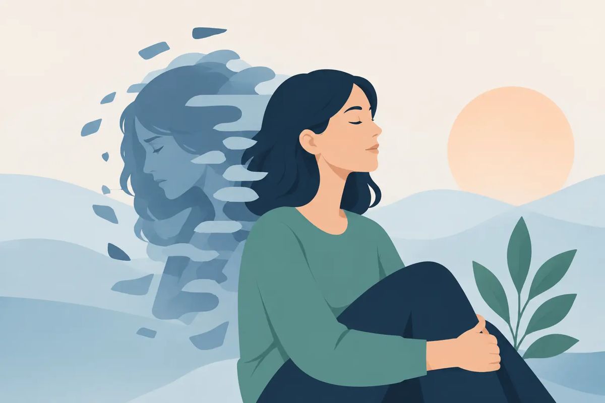Illustration: eine erschöpfte Frau sitzt still, ihr Spiegelbild zerfällt