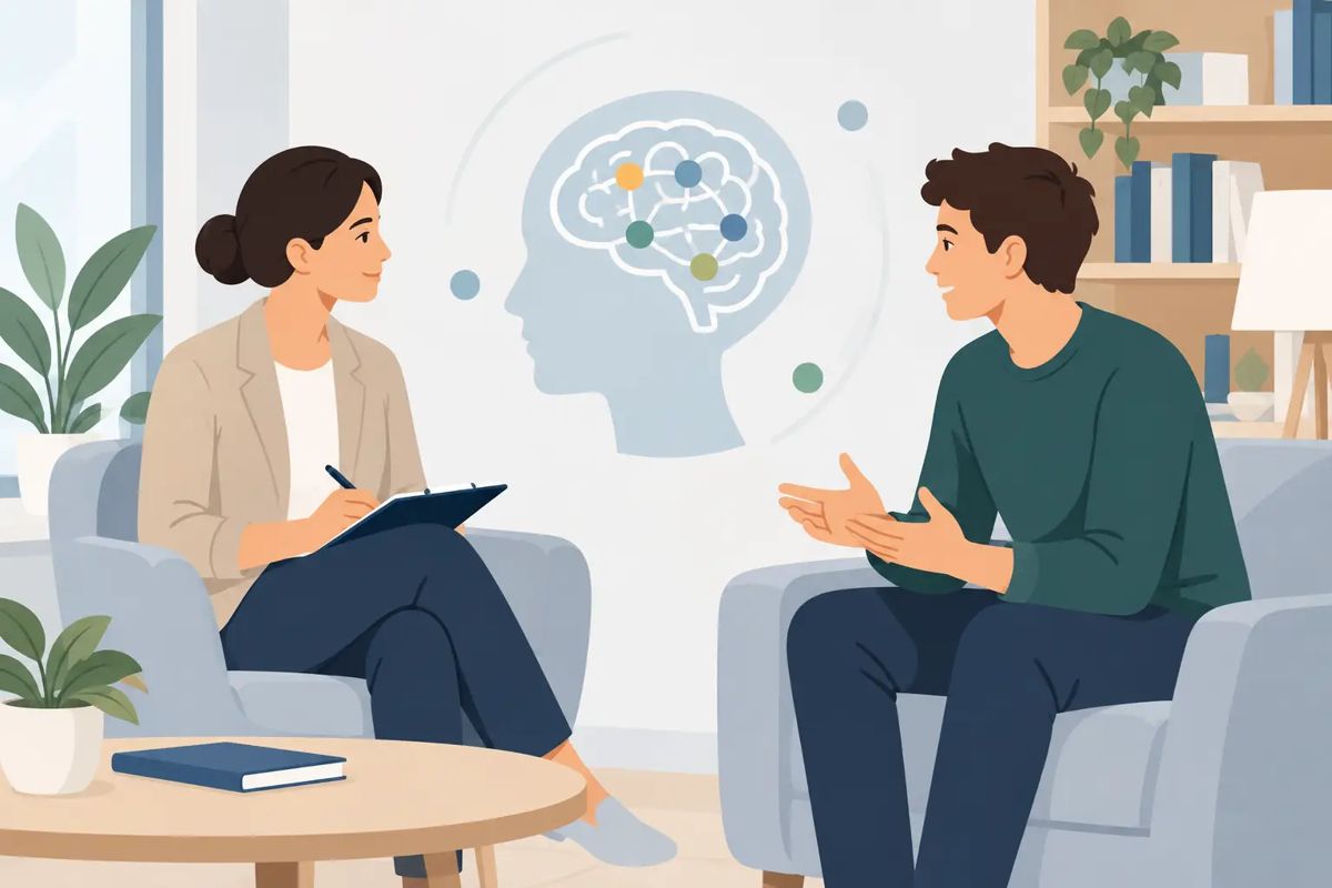 Illustration: Therapiegespräch in einer hellen Praxis
