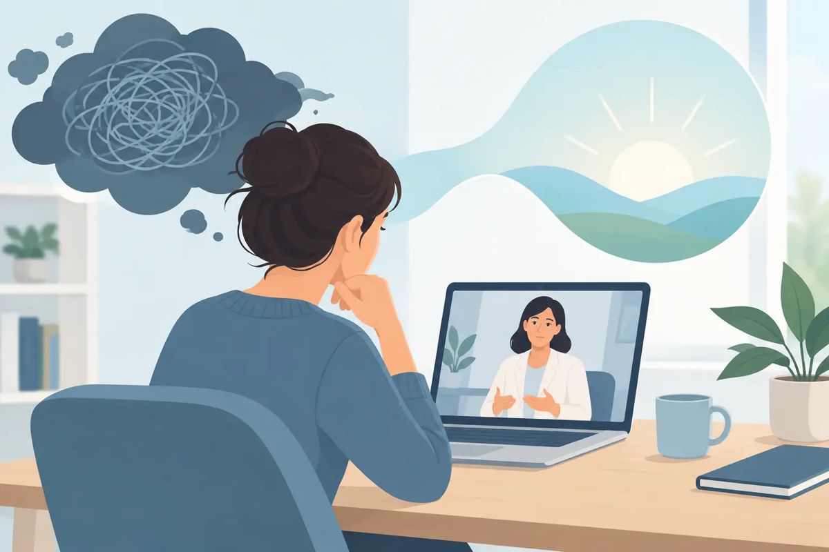 Illustration: Videositzung am Laptop